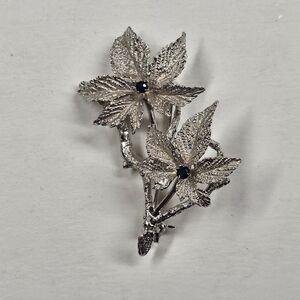 Sterling Silver Brooch Leaves Blue Stones Vintage Pin 1 3/4"